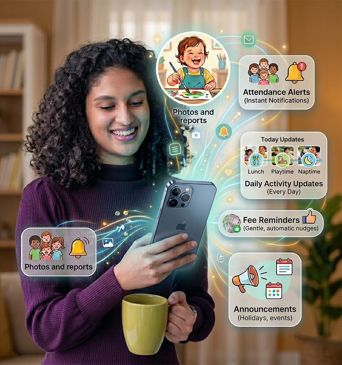 Parent receiving daily updates, photos, attendance alerts, fee reminders and school announcements on their phone
